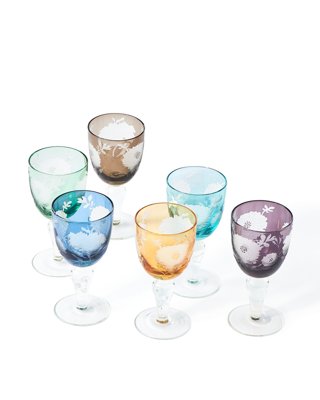 Wine glass peony multicolour set 6, Multi-colour, large