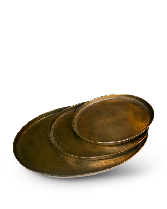 Platter oval antique brass set 3, Gold, large