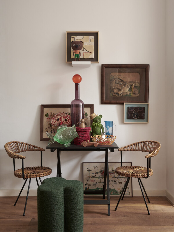 Stool Clover boucle ecru, Dark green, pdp